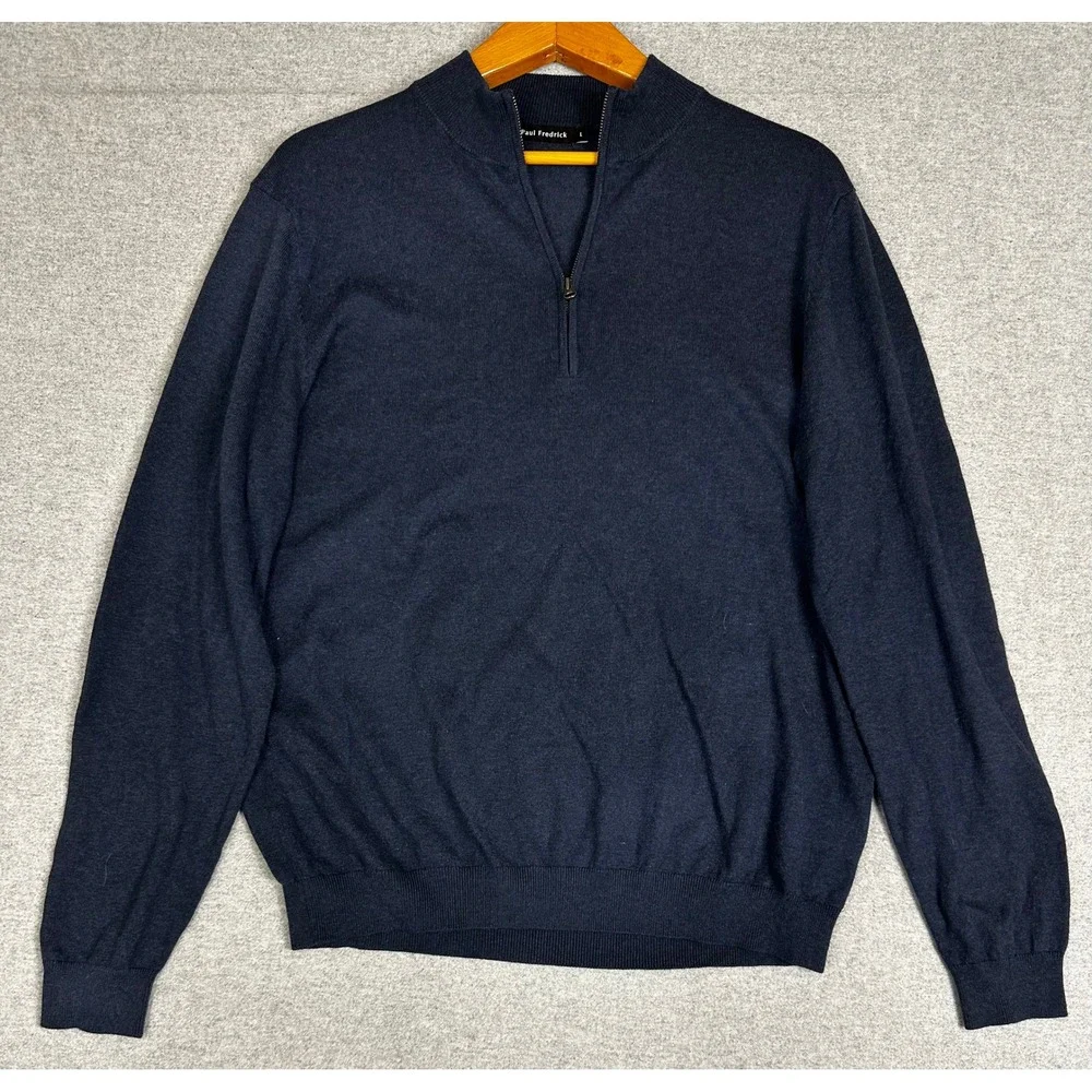 Paul Fredrick Silk Cashmere Sweater Mens L Navy Blue Cotton 1/4 Zip
